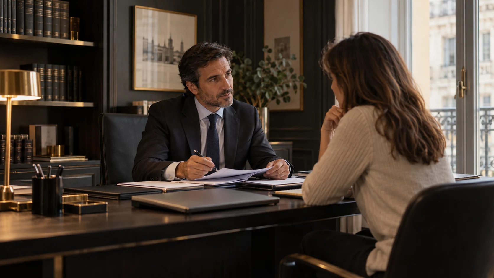 Un abogado revisa un caso con una clienta en un despacho profesional.
