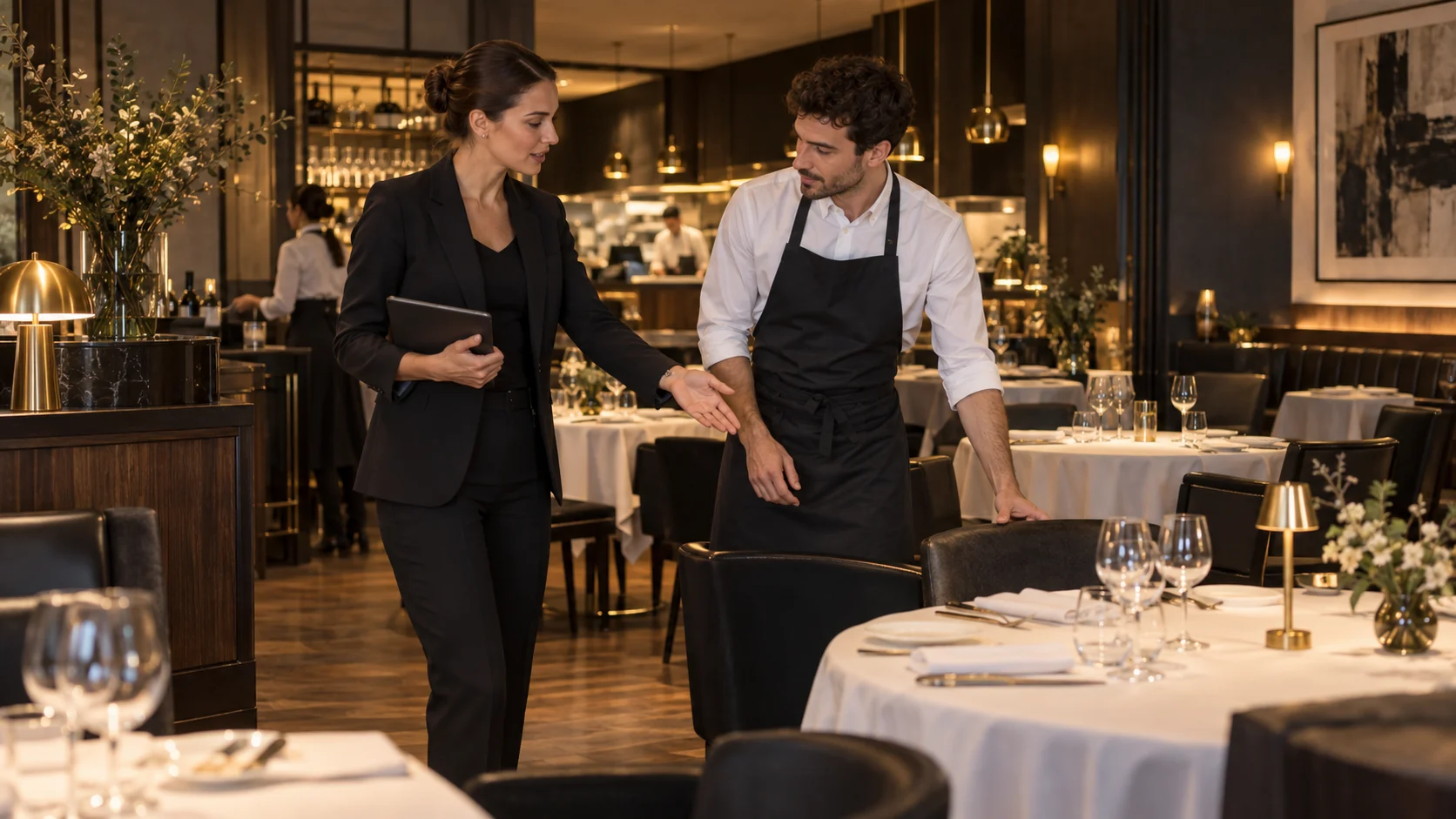 El equipo de un restaurante coordina la sala antes del servicio.